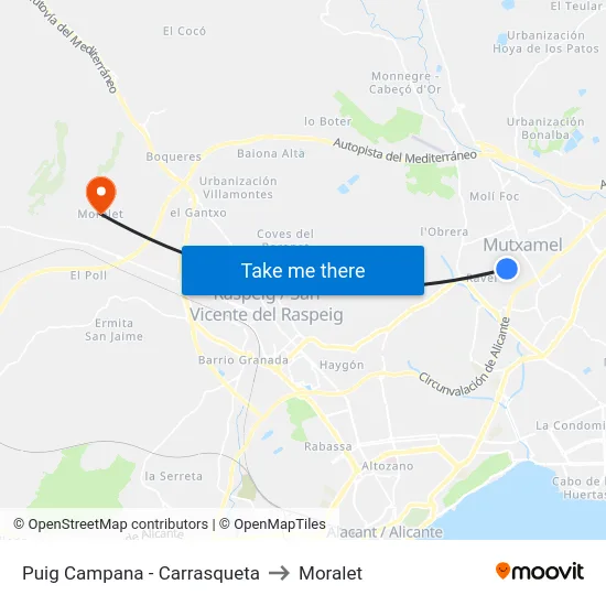 Puig Campana - Carrasqueta to Moralet map