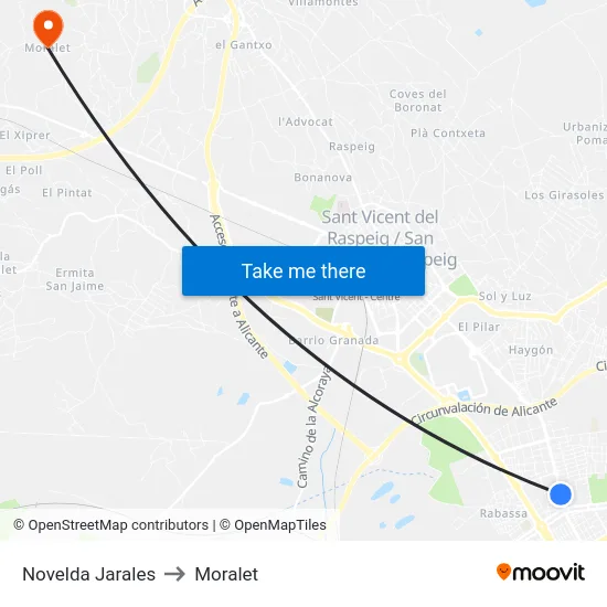 Novelda Jarales to Moralet map