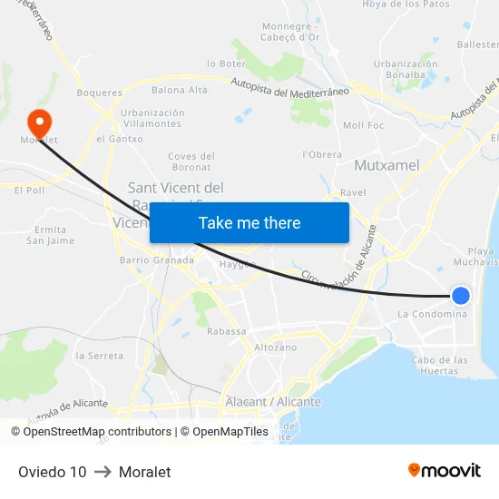 Oviedo 10 to Moralet map
