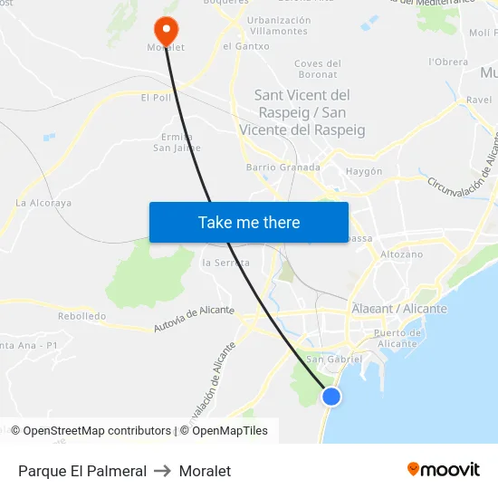 Parque El Palmeral to Moralet map