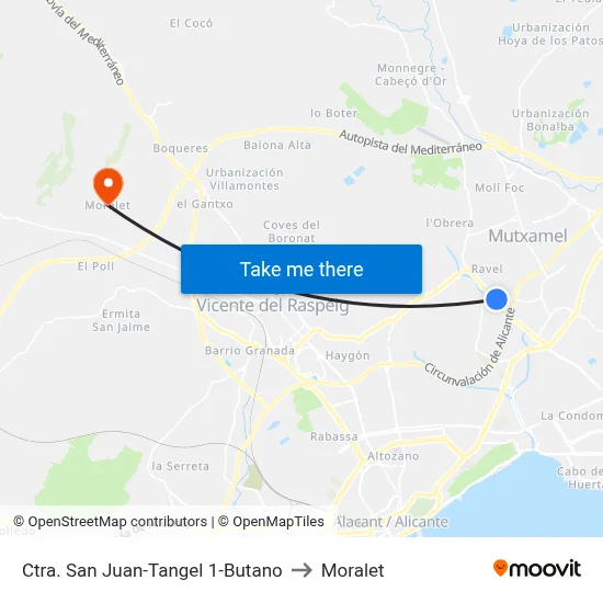 Ctra. San Juan-Tangel 1-Butano to Moralet map