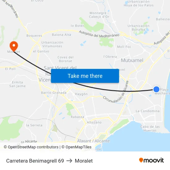Carretera Benimagrell 69 to Moralet map