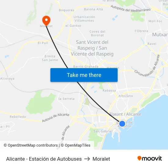 Alicante - Estación de Autobuses to Moralet map