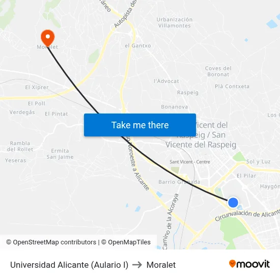 Universidad Alicante (Aulario I) to Moralet map