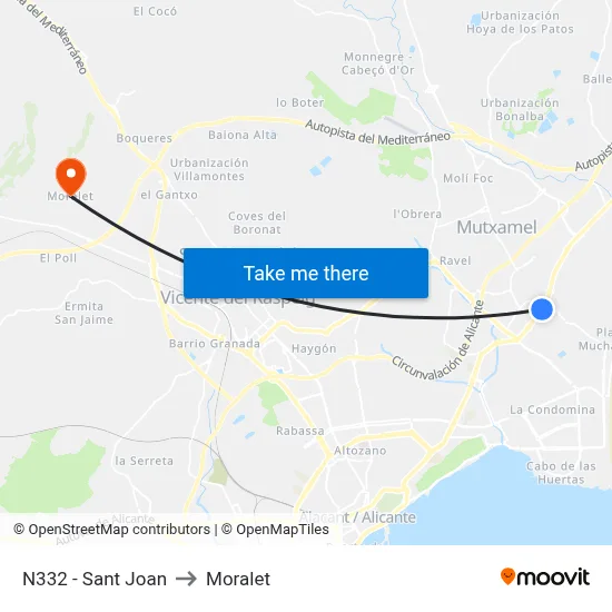 N332 - Sant Joan to Moralet map