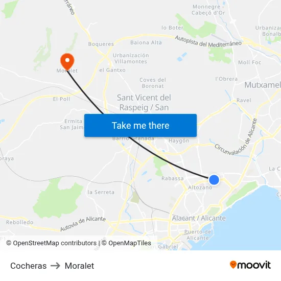 Cocheras to Moralet map