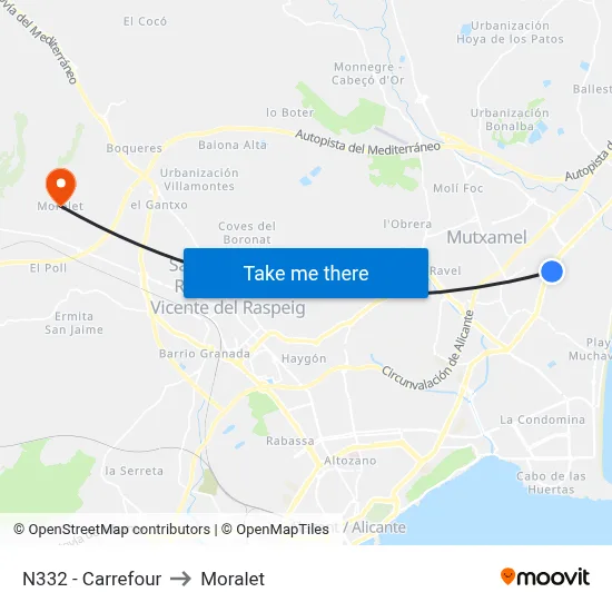 N332 - Carrefour to Moralet map