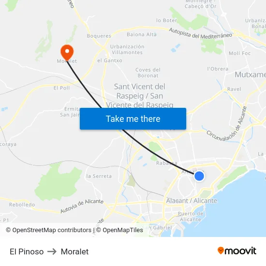El Pinoso to Moralet map