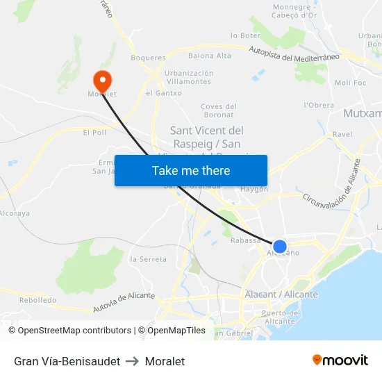 Gran Vía-Benisaudet to Moralet map