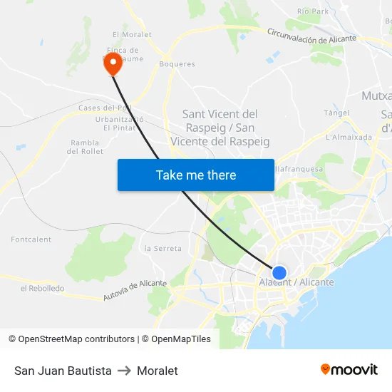 San Juan Bautista to Moralet map