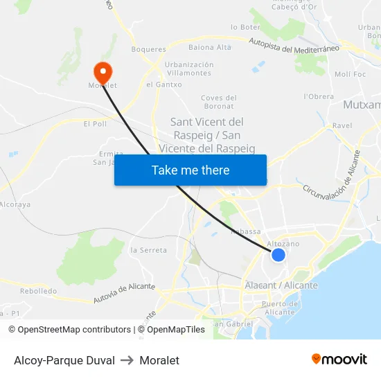Alcoy-Parque Duval to Moralet map