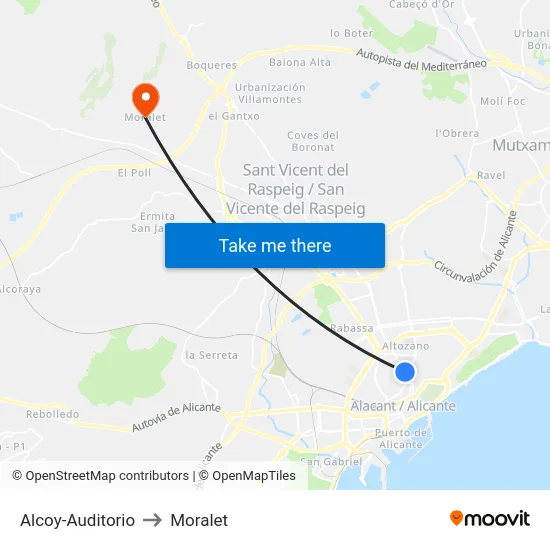 Alcoy-Auditorio to Moralet map