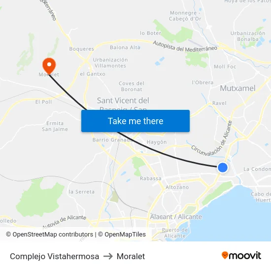 Complejo Vistahermosa to Moralet map