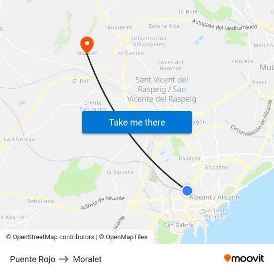 Puente Rojo to Moralet map
