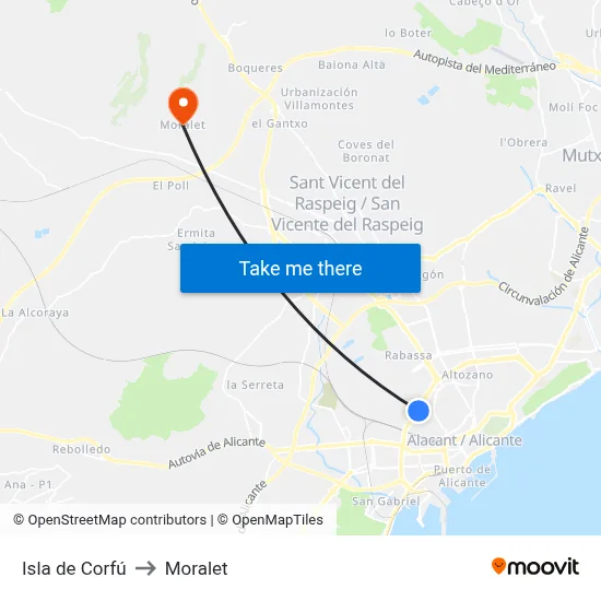 Isla de Corfú to Moralet map