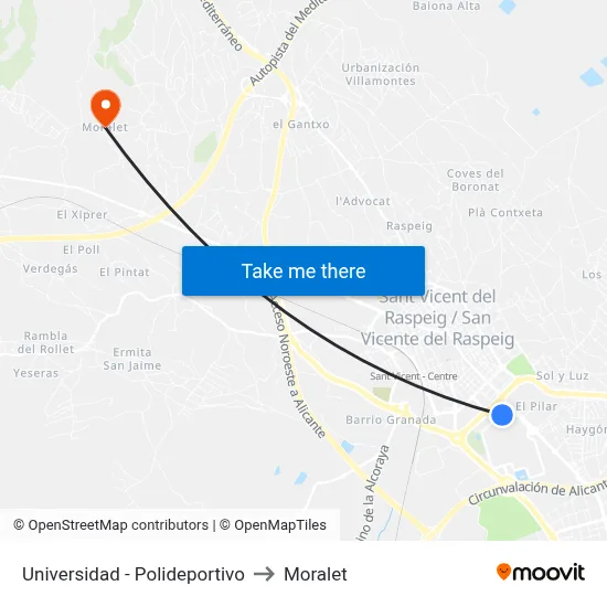 Universidad - Polideportivo to Moralet map