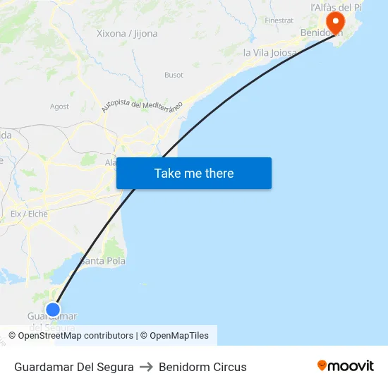 Guardamar Del Segura to Benidorm Circus map
