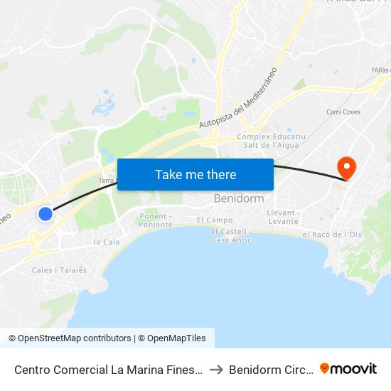 Centro Comercial La Marina Finestrat to Benidorm Circus map