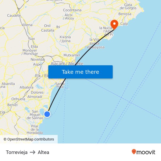 Torrevieja to Altea map