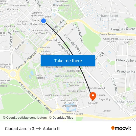 Ciudad Jardín 3 to Aulario III map