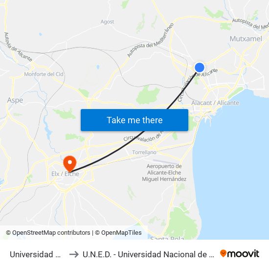 Universidad de Alicante to U.N.E.D. - Universidad Nacional de Educación A Distancia map