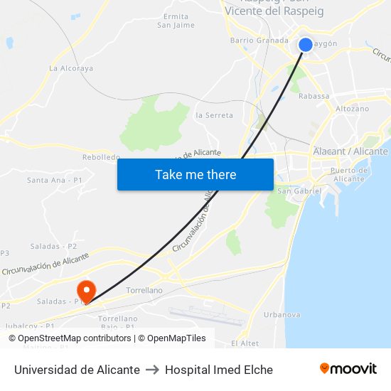 Universidad de Alicante to Hospital Imed Elche map