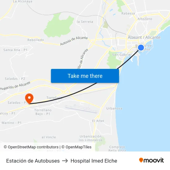 Estación de Autobuses to Hospital Imed Elche map