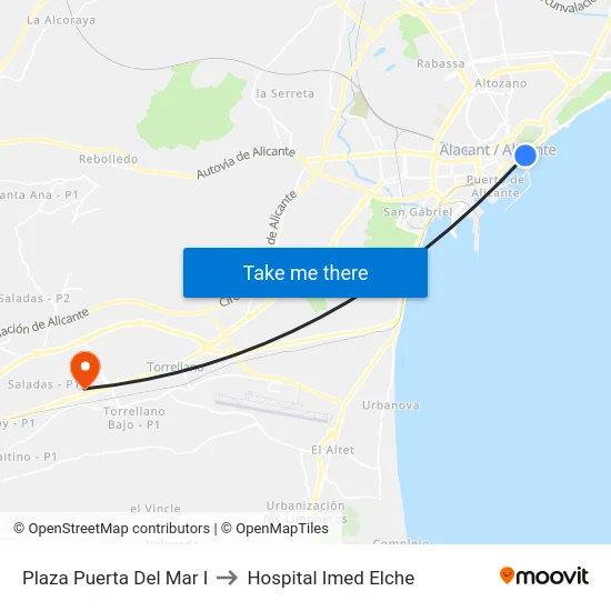 Plaza Puerta Del Mar I to Hospital Imed Elche map