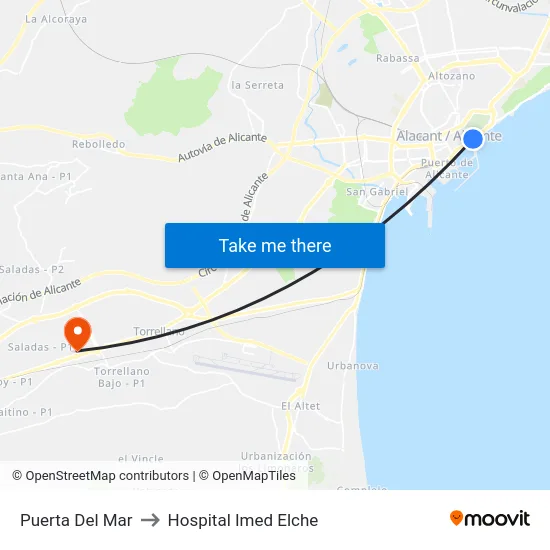 Puerta Del Mar to Hospital Imed Elche map