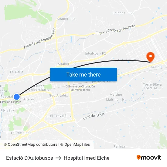 Estació D'Autobusos to Hospital Imed Elche map