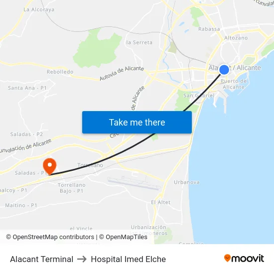 Alacant Terminal to Hospital Imed Elche map