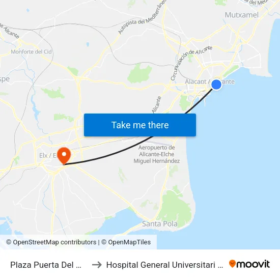 Plaza Puerta Del Mar I to Hospital General Universitari D'Elx map