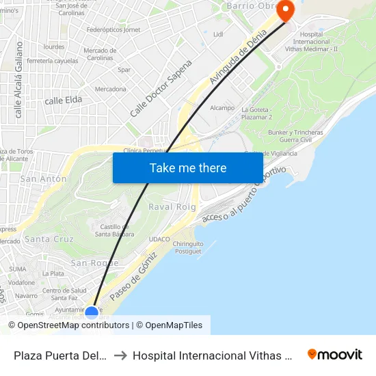 Plaza Puerta Del Mar I to Hospital Internacional Vithas Medimar I map