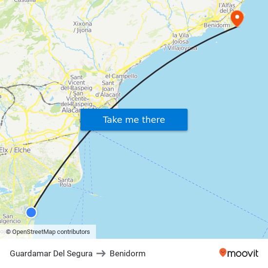 Guardamar Del Segura to Benidorm map