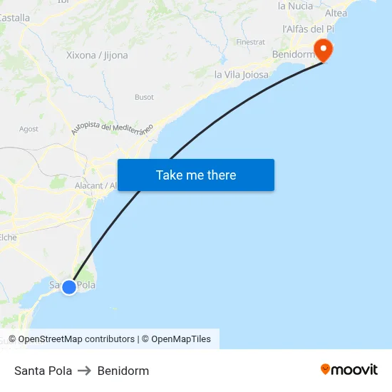 Santa Pola to Benidorm map