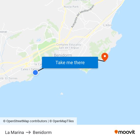 La Marina to Benidorm map