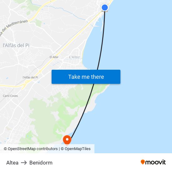 Altea to Benidorm map