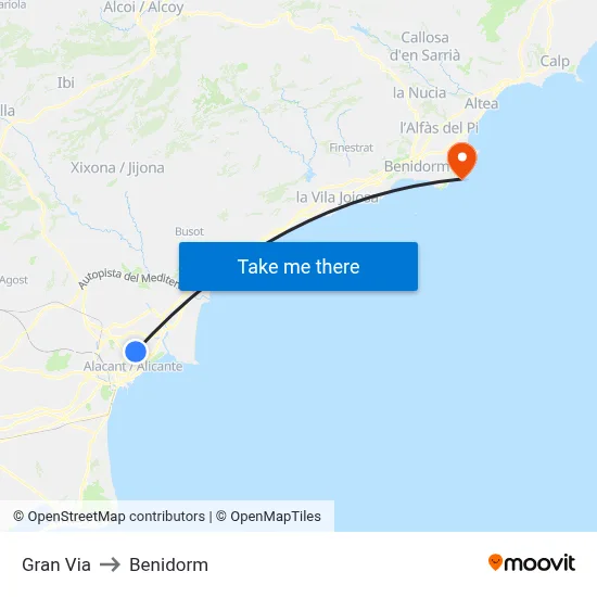 Gran Via to Benidorm map