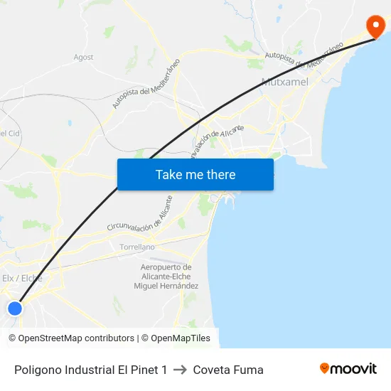 Poligono Industrial El Pinet 1 to Coveta Fuma map