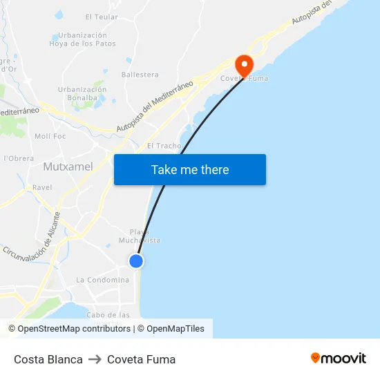Costa Blanca to Coveta Fuma map