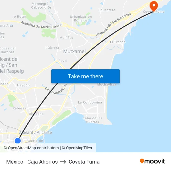 México - Caja Ahorros to Coveta Fuma map