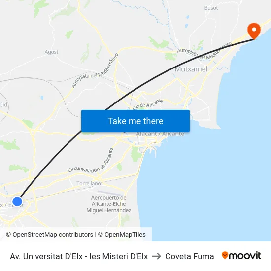 Av. Universitat D'Elx - Ies Misteri D'Elx to Coveta Fuma map