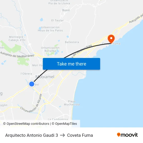 Arquitecto Antonio Gaudi 3 to Coveta Fuma map