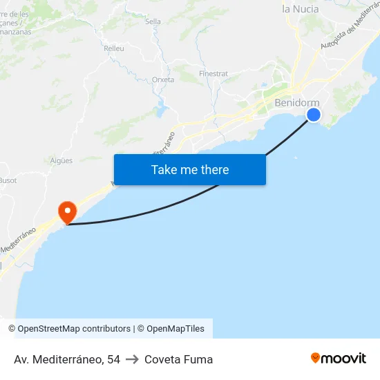 Av. Mediterráneo, 54 to Coveta Fuma map