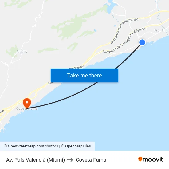 Av. País Valencià (Miami) to Coveta Fuma map
