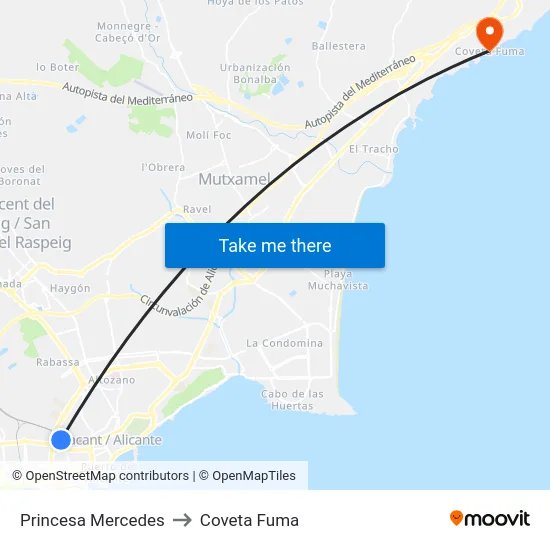 Princesa Mercedes to Coveta Fuma map