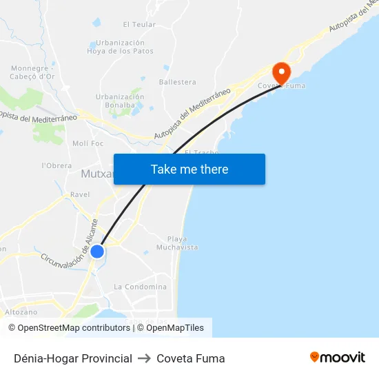 Dénia-Hogar Provincial to Coveta Fuma map