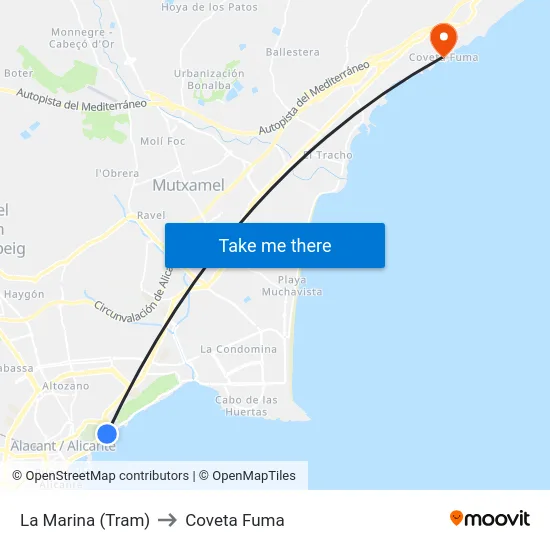 La Marina (Tram) to Coveta Fuma map
