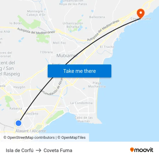 Isla de Corfú to Coveta Fuma map