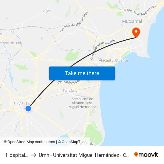 Hospital General to Umh - Universitat Miguel Hernández - Campus de Sant Joan D'Alacant map